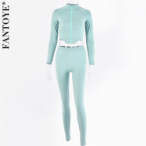 FANTOYE Zipper Stand Collar Two Piece Set Casual Irregular Long Sleeves Top and Pants Set Female Solid Skinny Women's Tracksuit